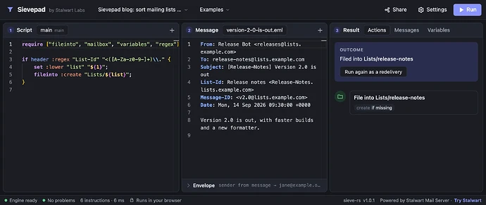 Sievepad with a Sieve script, a test message and the outcome of running the script