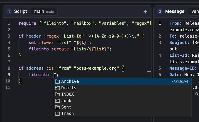 Autocomplete offering the mailbox names configured for the workspace